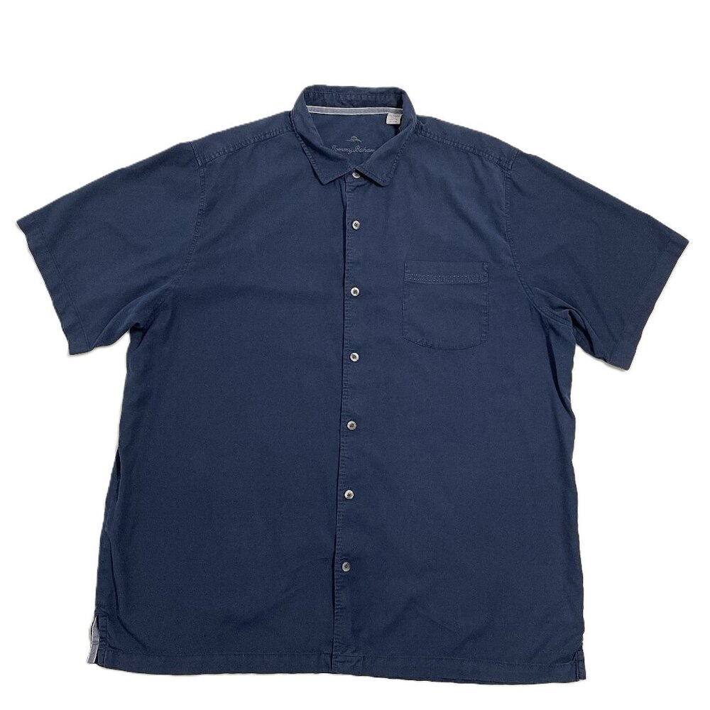 Tommy Bahama Shirt Men's 2XL Silk Cotton Blend Navy Blue Camp Button Up Hawaiian